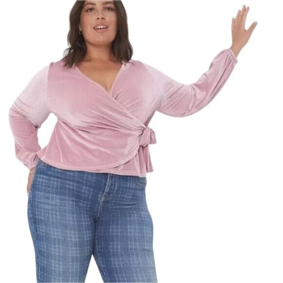 Lane Bryant Wrap Top Plus Size 14/16 Velour Velvet Surplice Tie Long Sleeve Pink - Picture 1 of 9